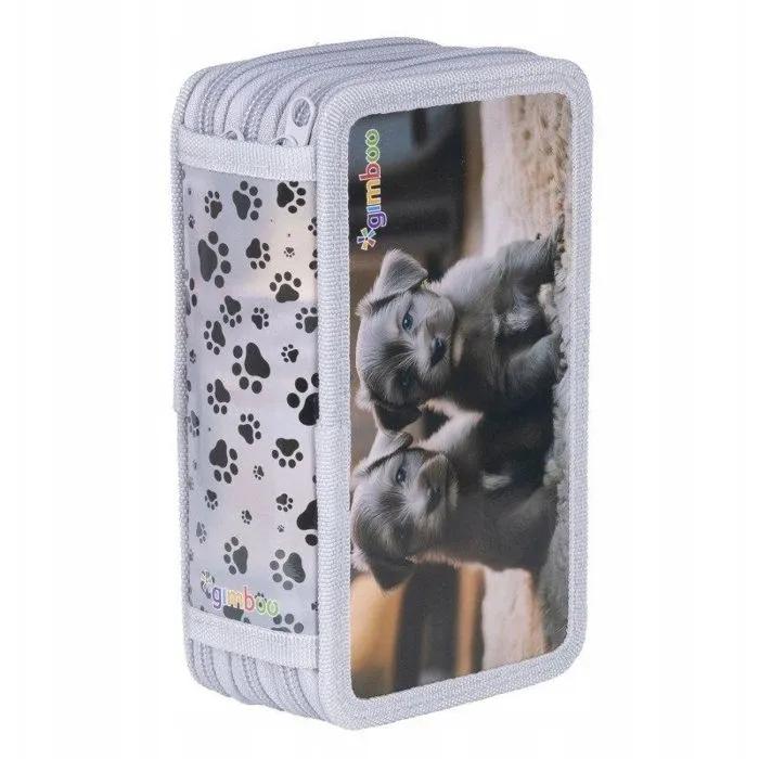 gimboo pencil case three chamber puppies gray