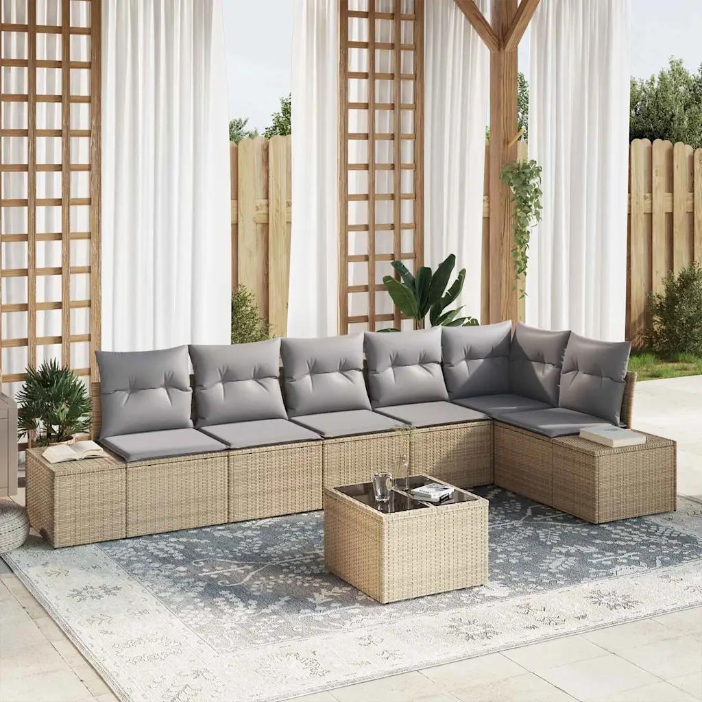 vidaxl garden sofa set 7 pcs beige/light gray poly-rattan