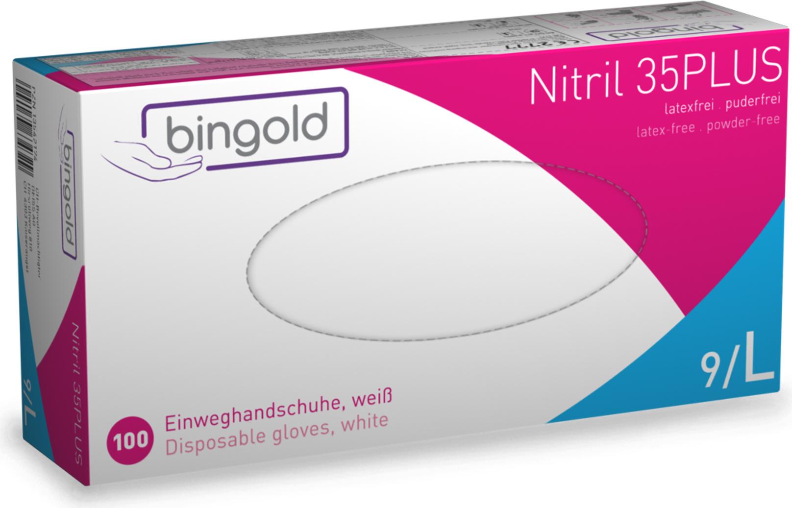 bingold disposable gloves nitril 35plus white large 100 pack