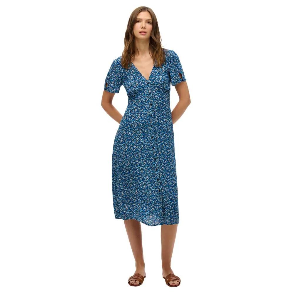 superdry midi dress printed button blue m