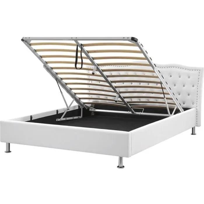beliani storage bed metz synthetic leather white 180x200 cm