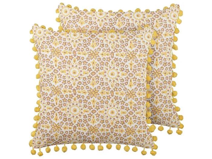 beliani decorative cushions set 2 cotton 45x45cm yellow floral