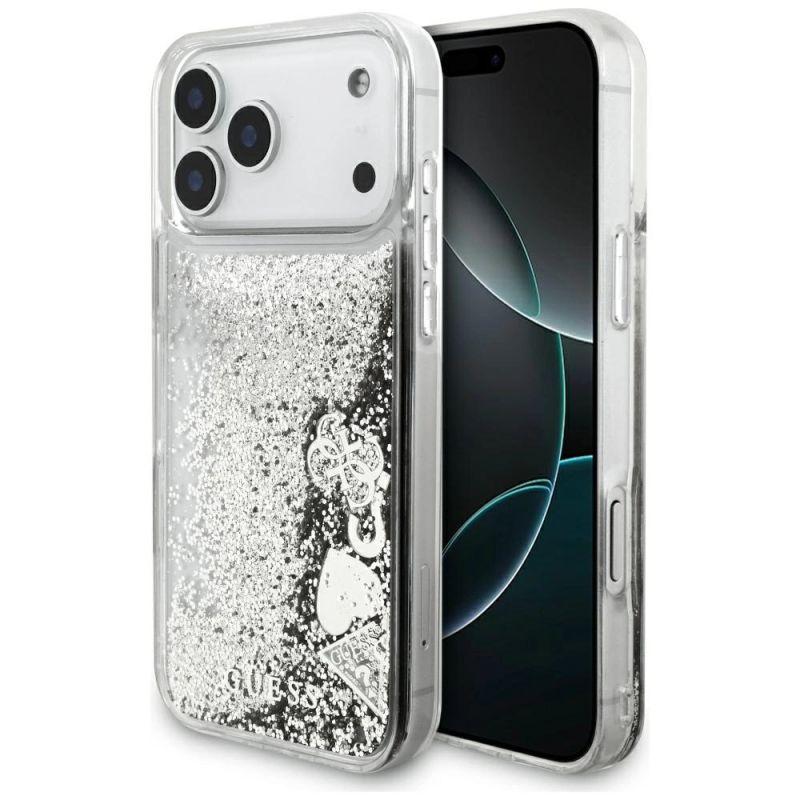 guess phone case liquid glitter charms iphone 17 pro max silver