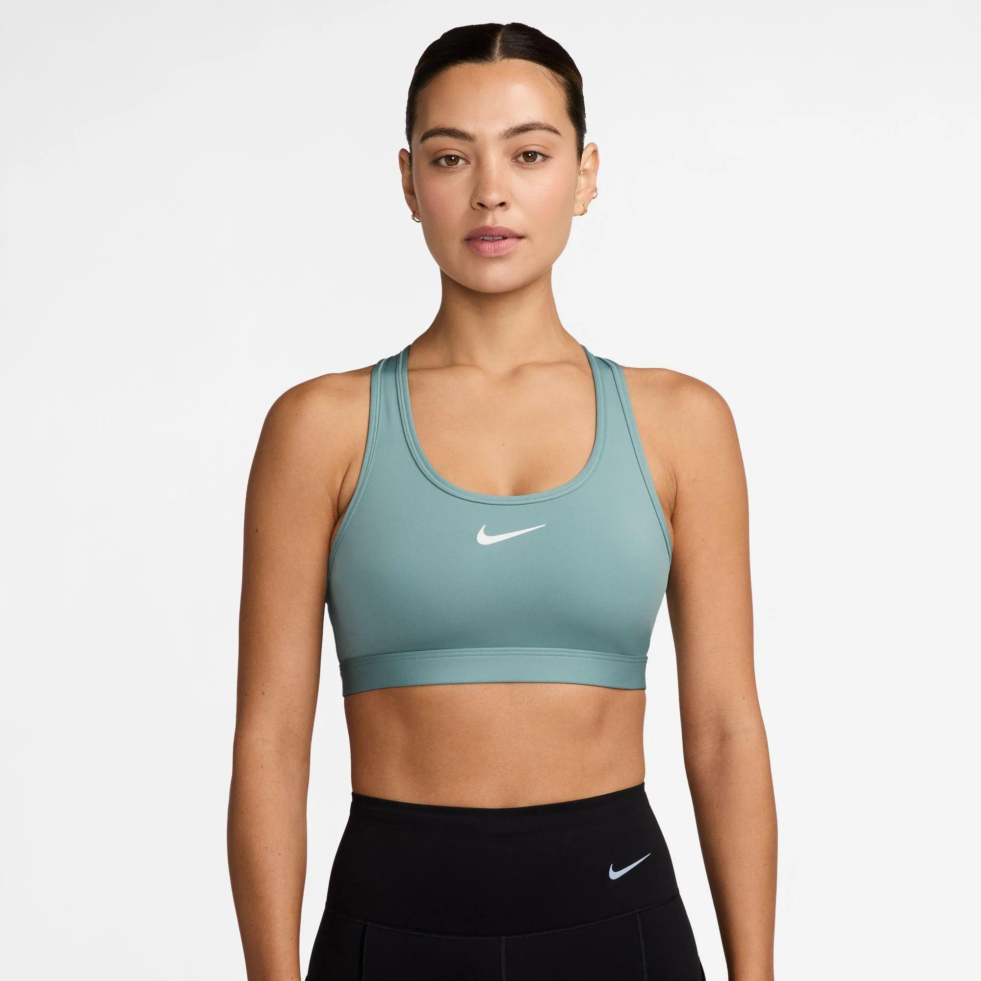 nike sports bra swoosh medium support black/black/metallic gold m