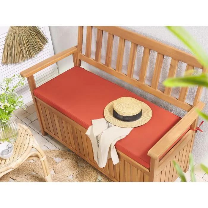 beliani garden bench sovana 120cm with storage red cushion